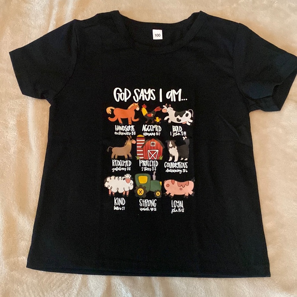 2T-3T tee God says I am  🐷🐴🐔🐮🚜 Black NWT!